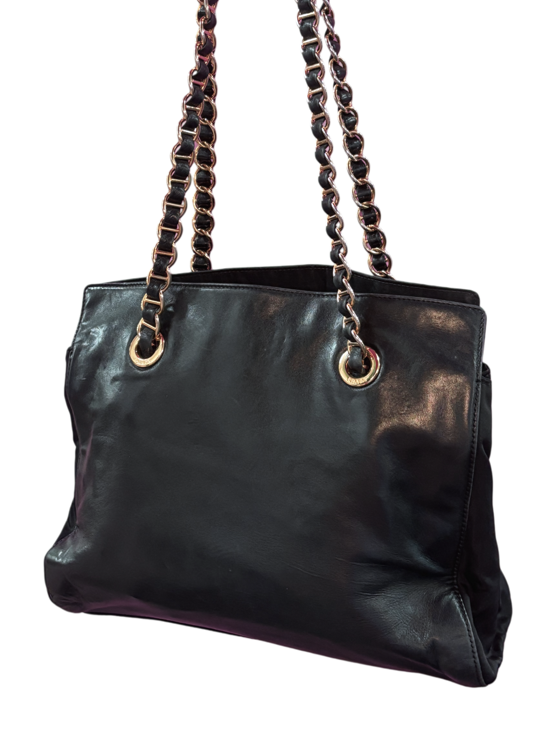 Prada Soft Leather Chain Tote Bag – Black - Image 2