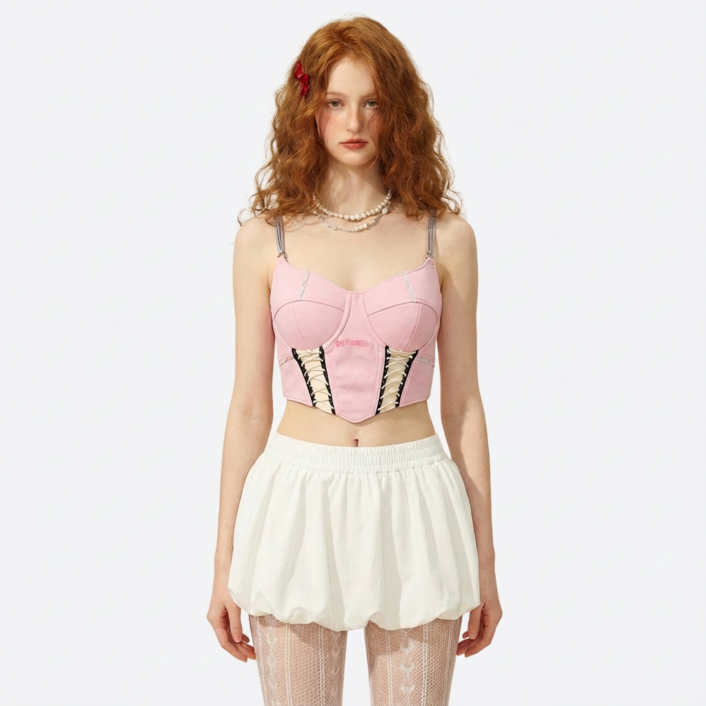 Y2K Pink Lace-Up Corset Bralette Top - Image 2