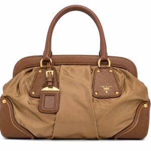 Prada Saffiano Trim Gathered Nylon Satchel – Khaki Brown