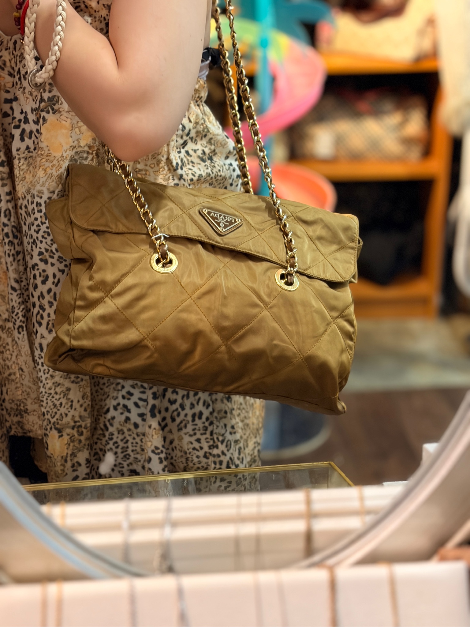 Vintage Prada Khaki Nylon Chain Shoulder Bag - Image 3