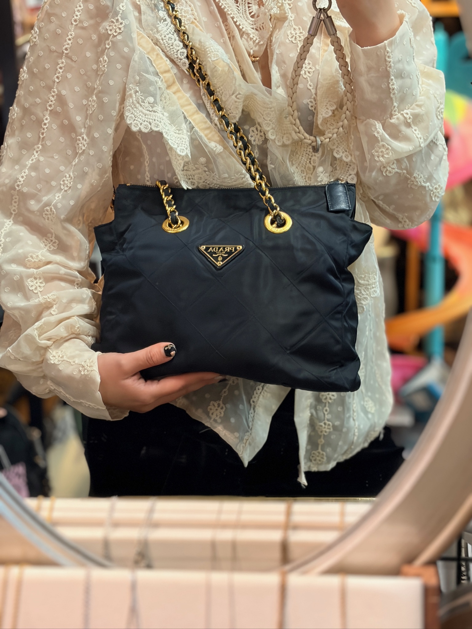 Prada Navy Quilted Nylon Chain Tote Bag - Image 2