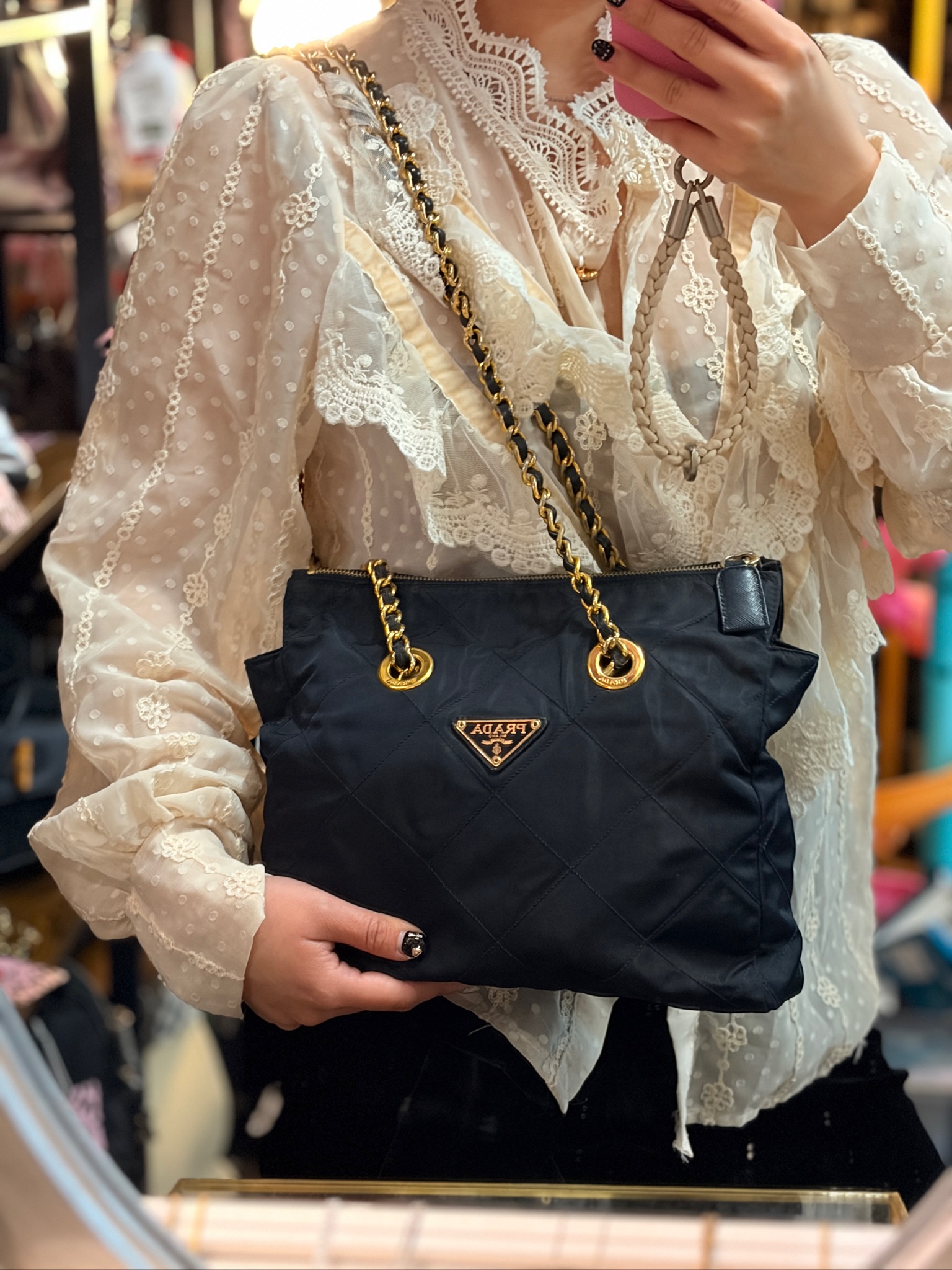 Prada Navy Quilted Nylon Chain Tote Bag - Image 3