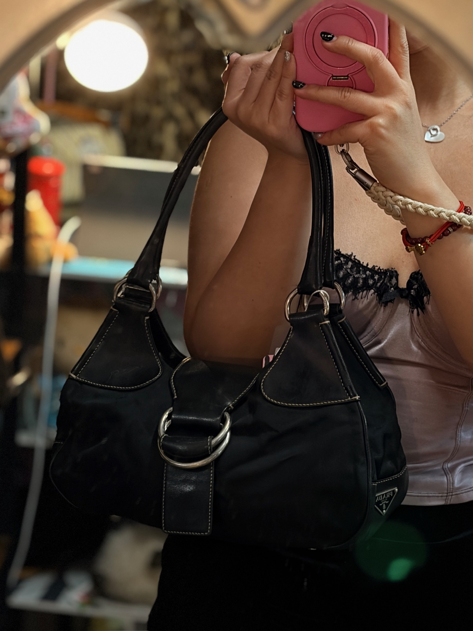 Prada Ring Detail Nylon Shoulder Bag – Black - Image 3