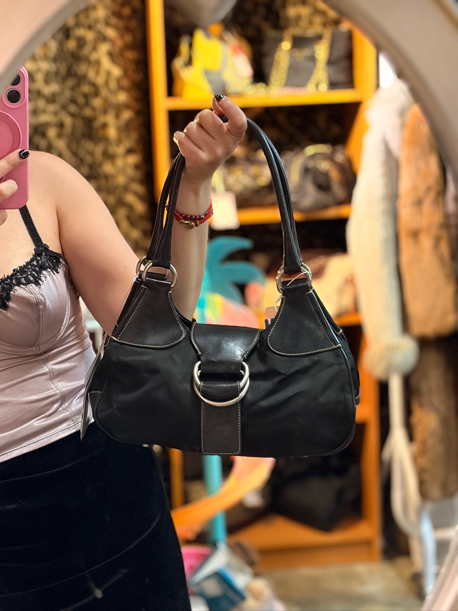 Prada Ring Detail Nylon Shoulder Bag – Black - Image 4