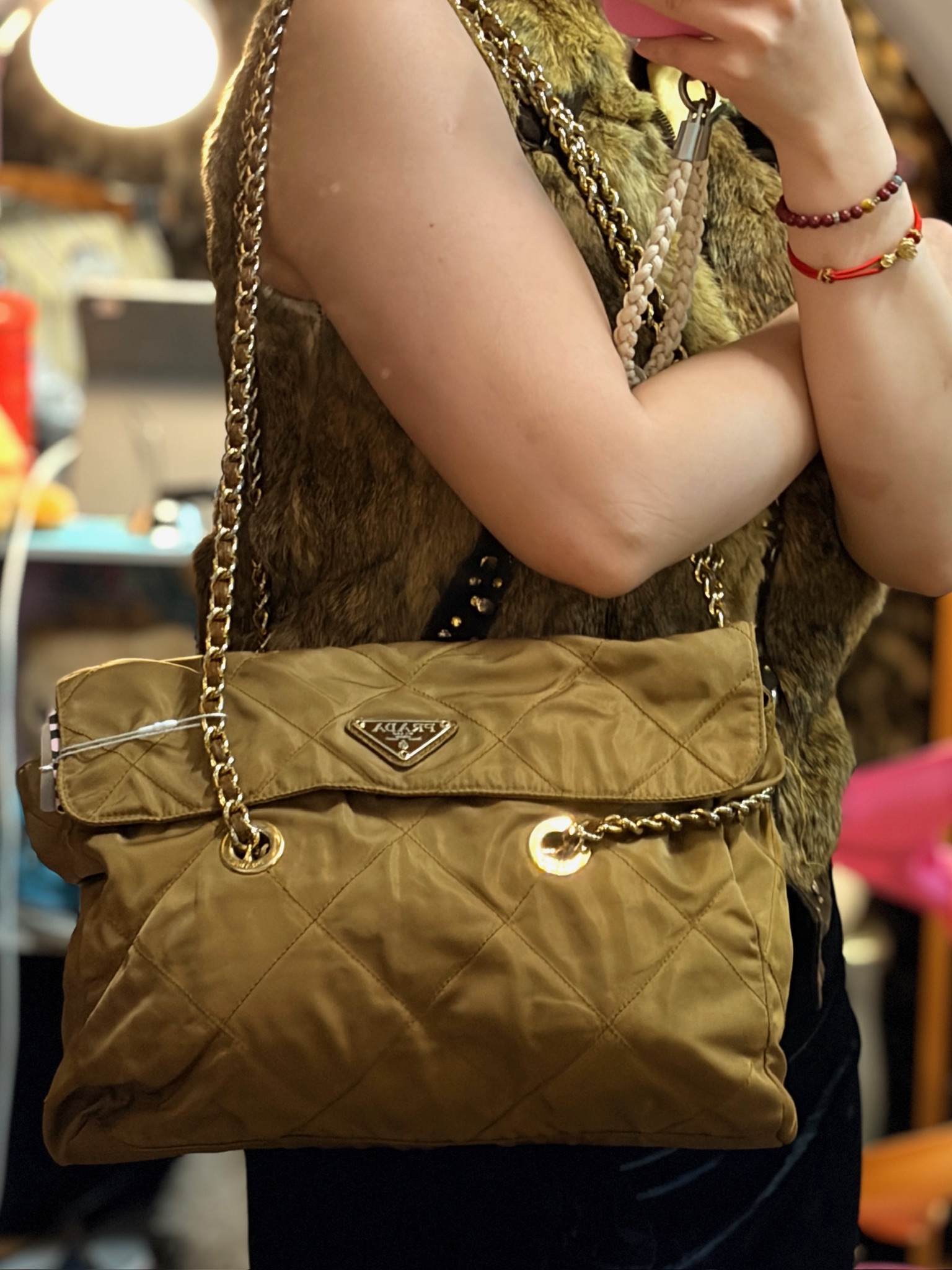 Vintage Prada Khaki Nylon Chain Shoulder Bag - Image 2