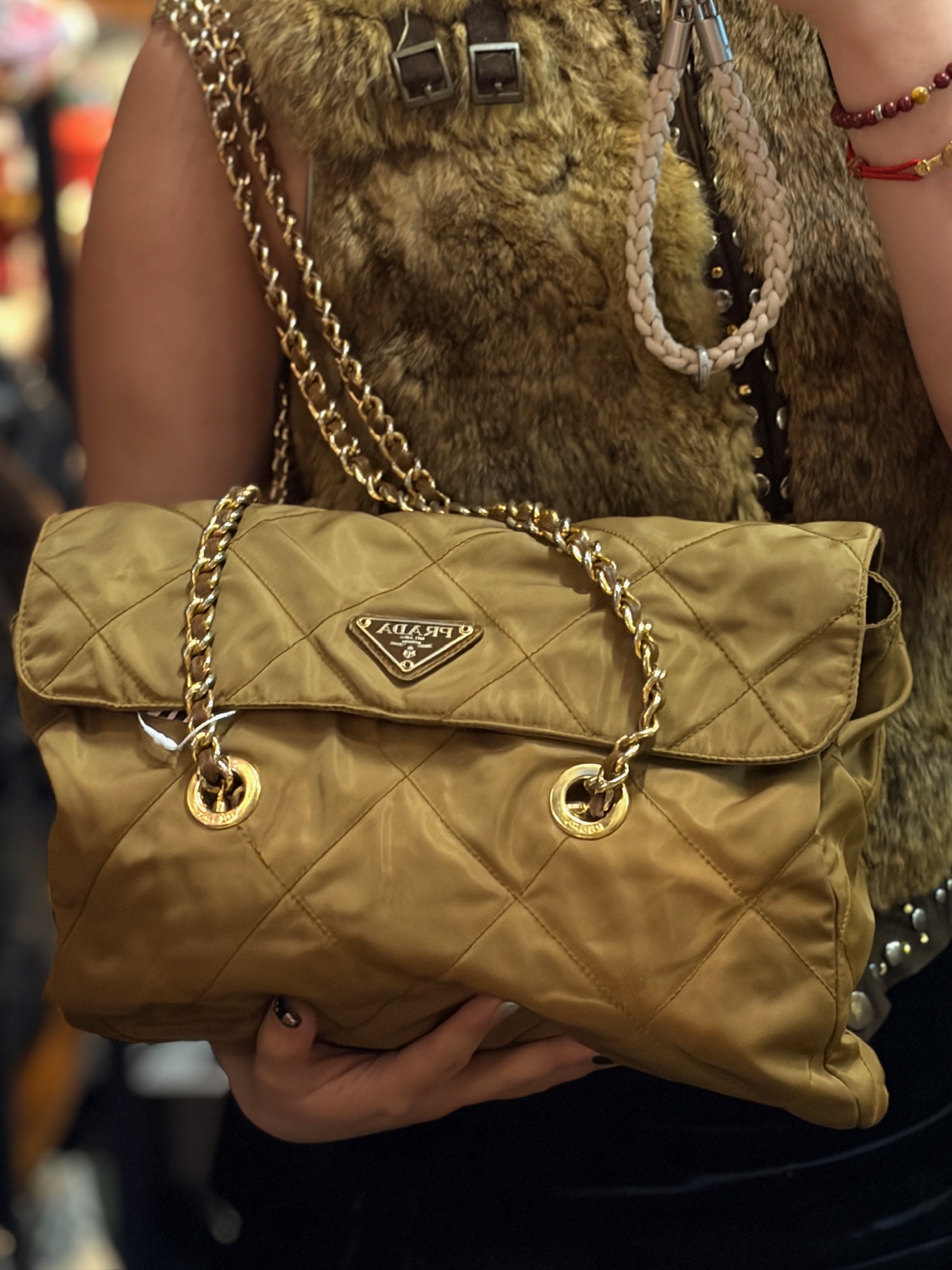 Vintage Prada Khaki Nylon Chain Shoulder Bag - Image 4