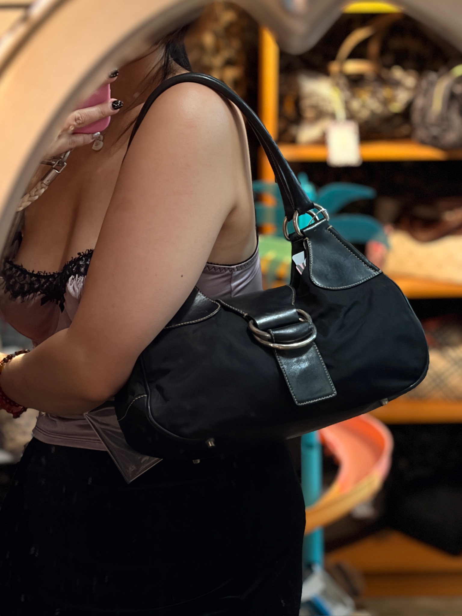 Prada Ring Detail Nylon Shoulder Bag – Black - Image 2