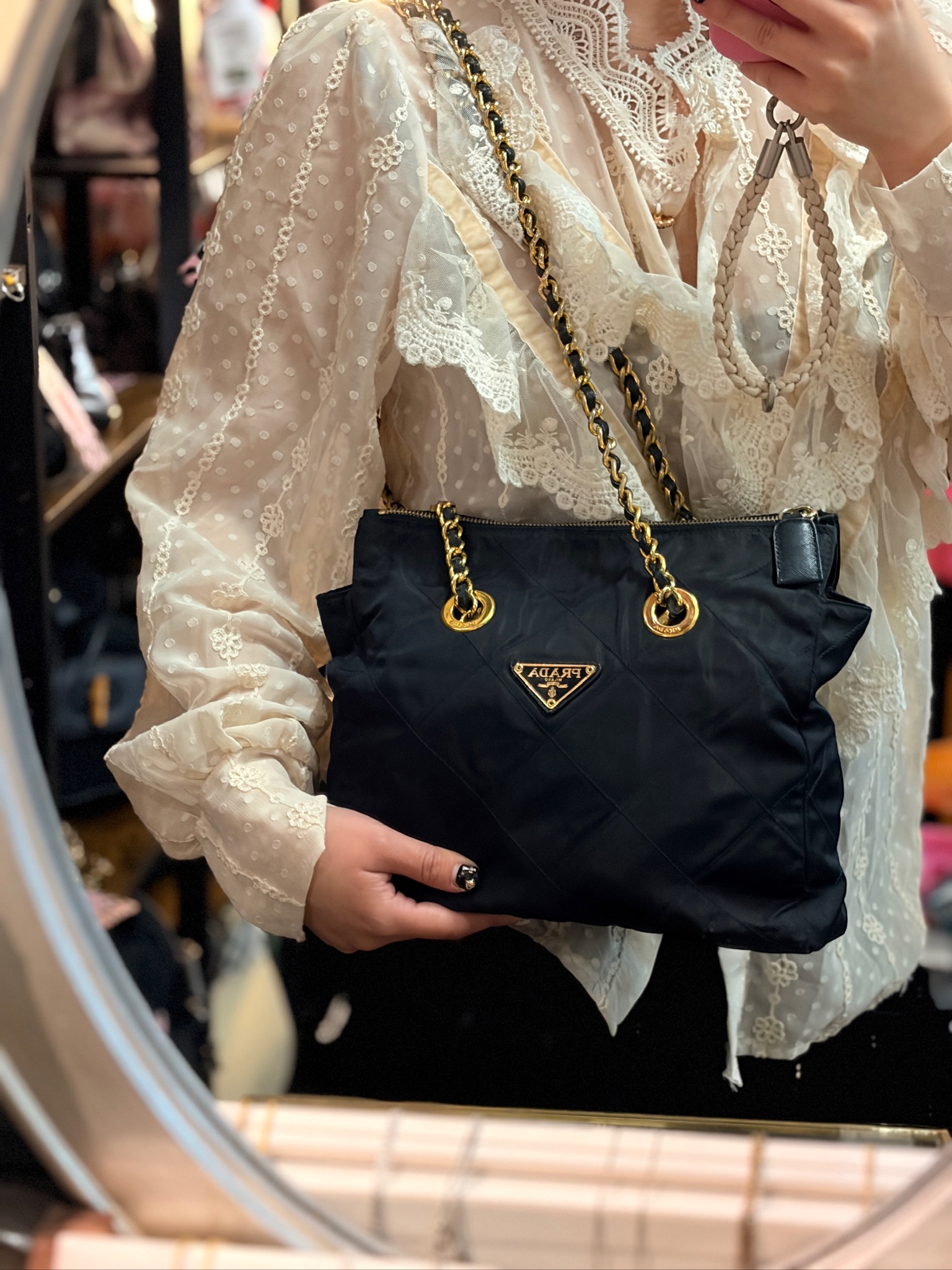 Prada Navy Quilted Nylon Chain Tote Bag - Image 4