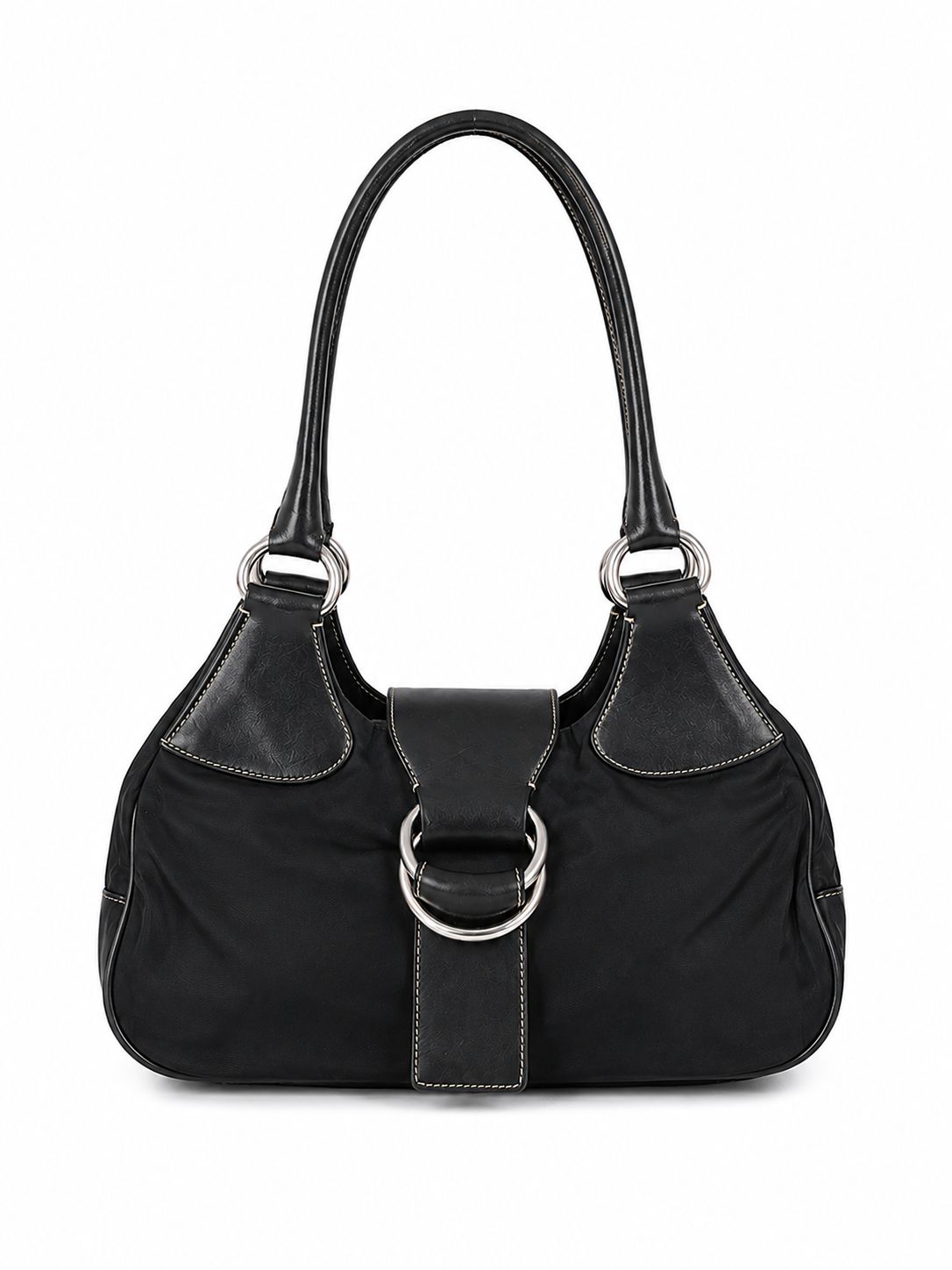 Prada Ring Detail Nylon Shoulder Bag – Black