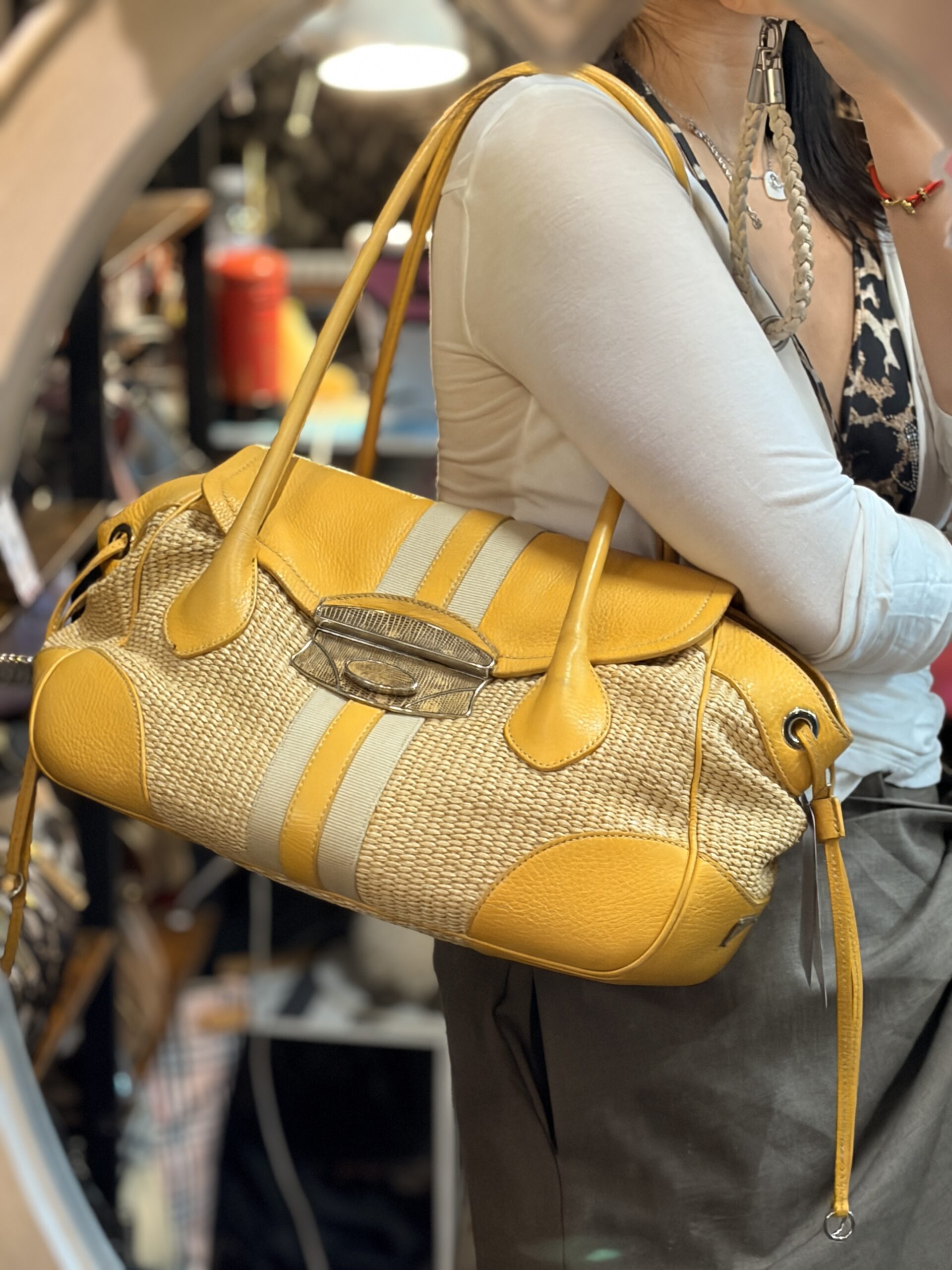 Prada Yellow Raffia Leather Shoulder Bag - Image 2